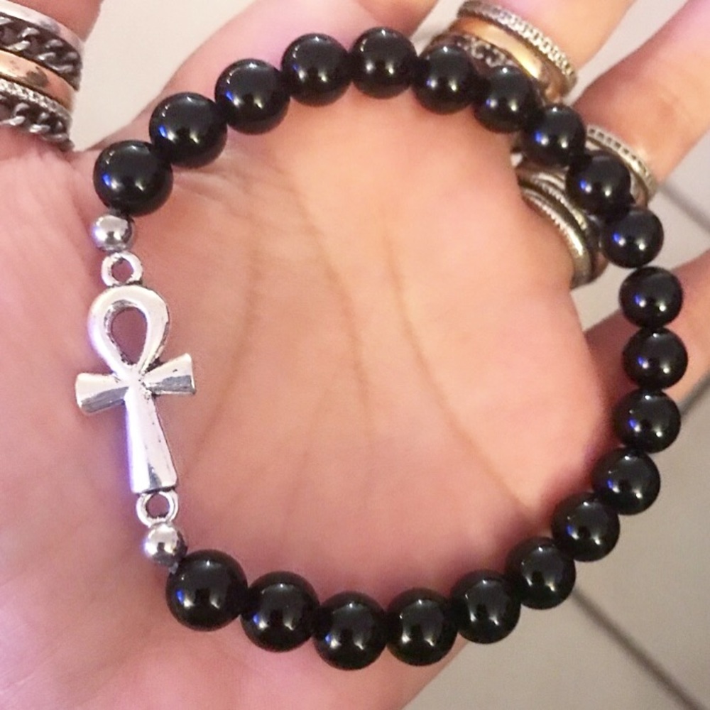 Men or women onyx silver ankh cross bracelet